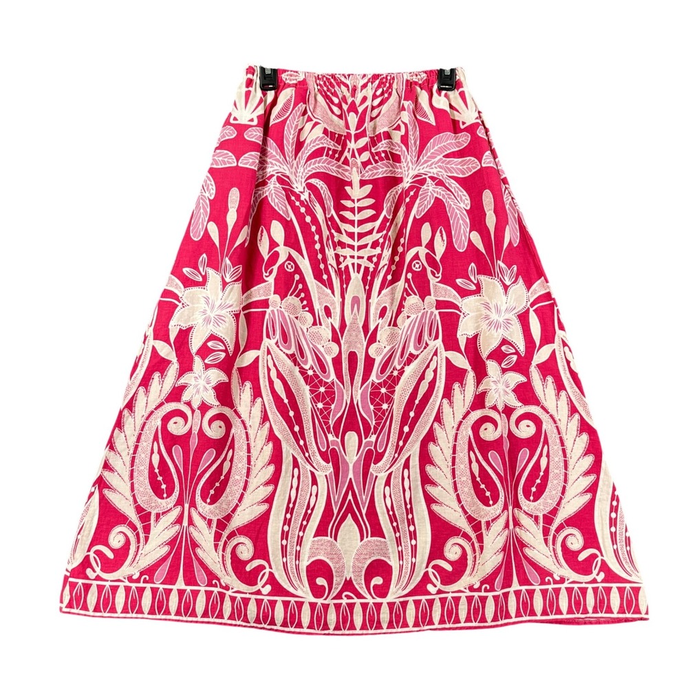 Rachel Zoe Linen Blend Midi Skirt Womens S Pink White Tropical Floral Resortwear